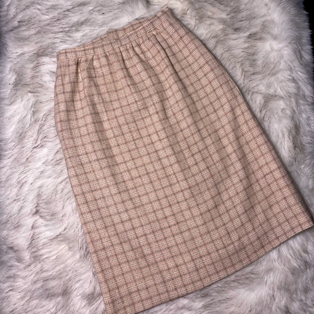 Vintage 60s homemade pink brown and tan plaid wool knee length pencil skirt